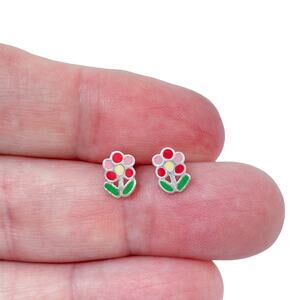 Vintage Sterling Silver 925 Flower Enamel Stud Earrings
